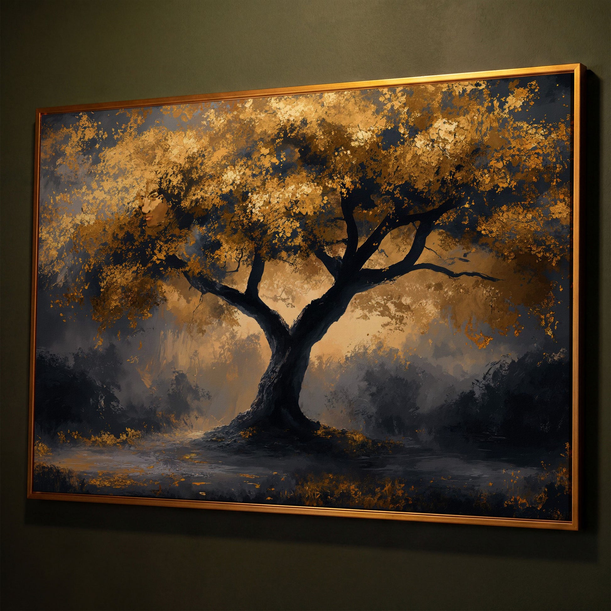 Mystical Tree with Golden Leaves Canvas Art shown in antique gold floating frame