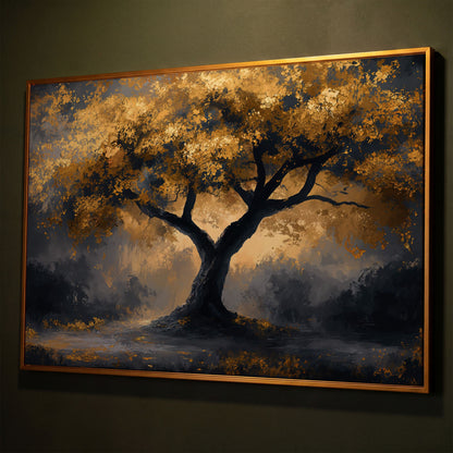 Mystical Tree with Golden Leaves Canvas Art shown in antique gold floating frame