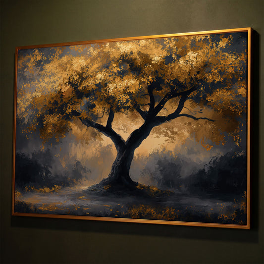 Mystical Tree with Golden Leaves Canvas Art shown in antique gold floating frame