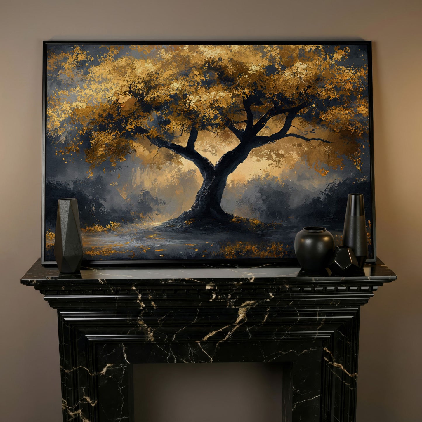 Mystical Tree with Golden Leaves Canvas Art in black floating frame
