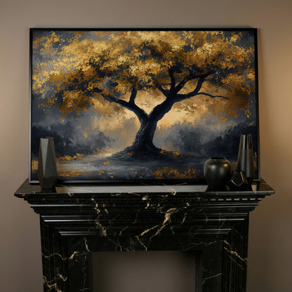 Mystical Tree with Golden Leaves Canvas Art in black floating frame