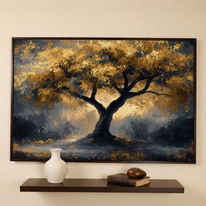 Mystical Tree with Golden Leaves Canvas Art in dark walnut floating frame