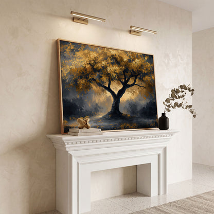 Mystical Tree with Golden Leaves Canvas Art in white oak floating frame