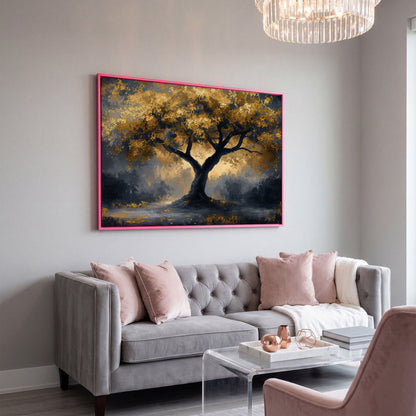 Mystical Tree with Golden Leaves Canvas Art in pink floating frame