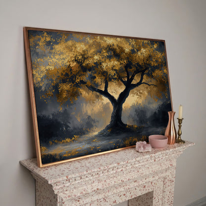 Mystical Tree with Golden Leaves Canvas Art in rose gold floating frame