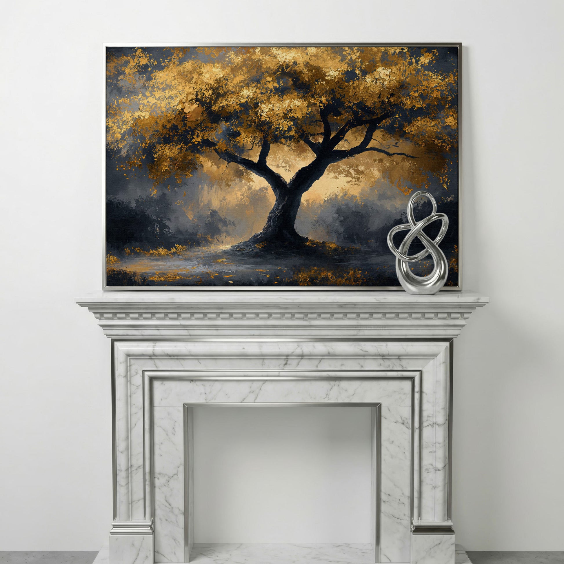 Mystical Tree with Golden Leaves Canvas Art in silver floating frame