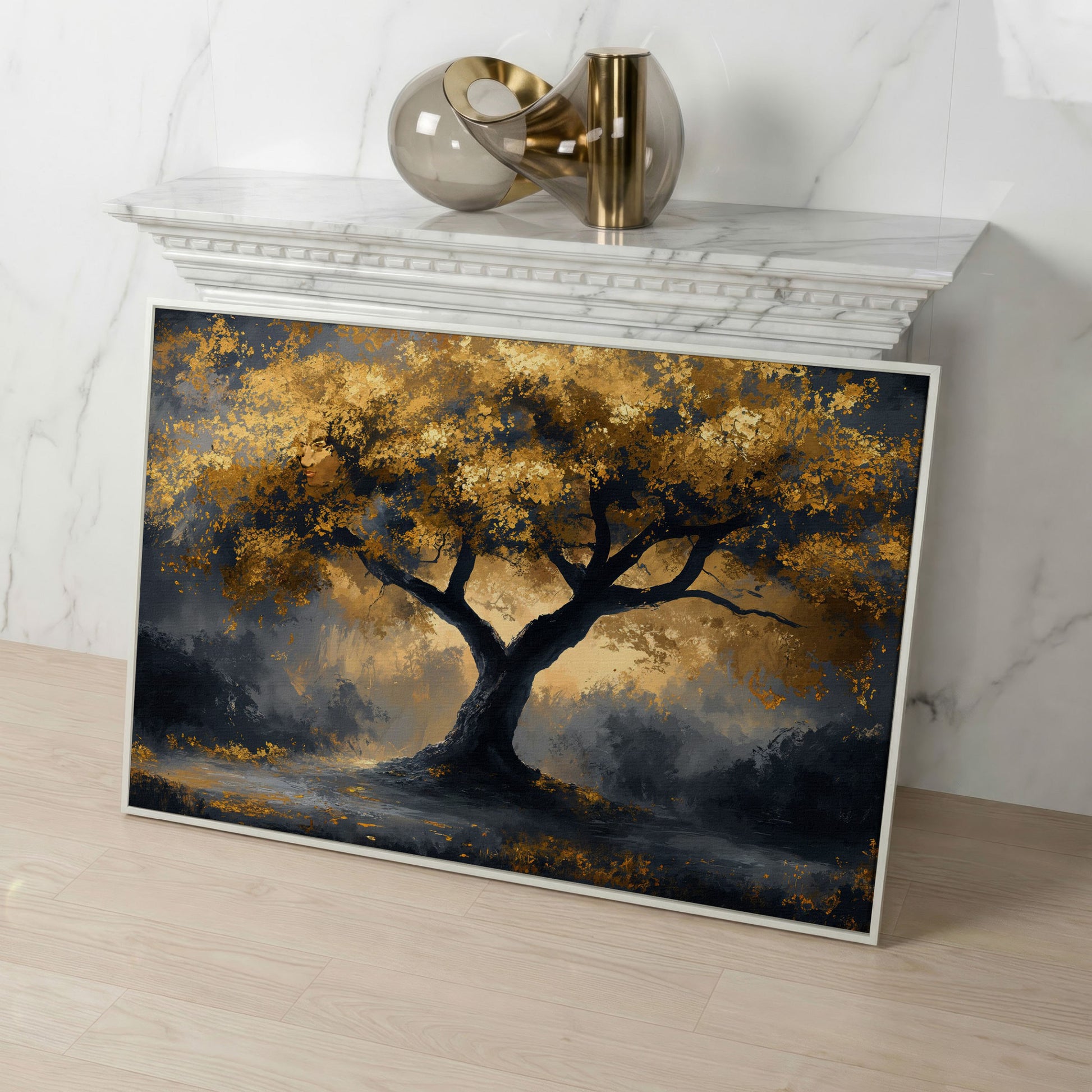 Mystical Tree with Golden Leaves Canvas Art in white floating frame