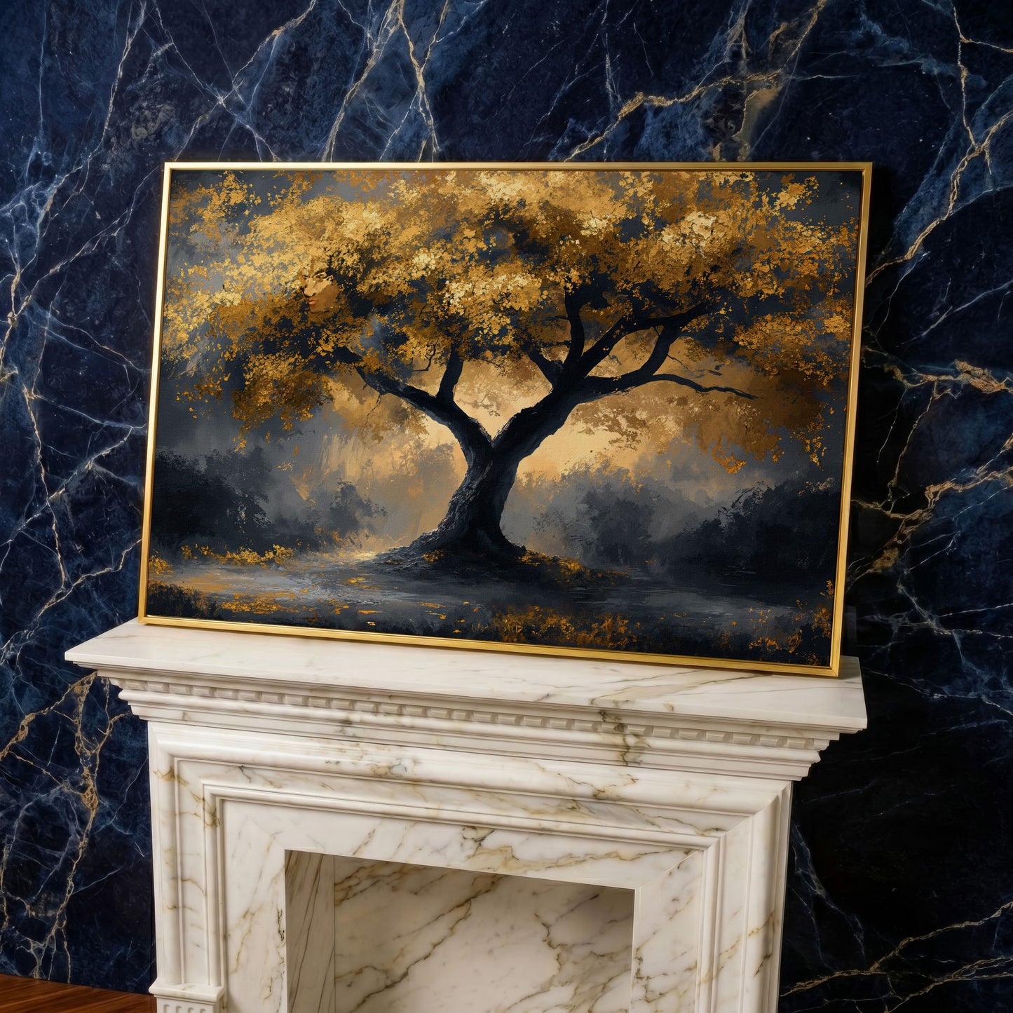 Mystical Tree with Golden Leaves Canvas Art in yellow gold floating frame