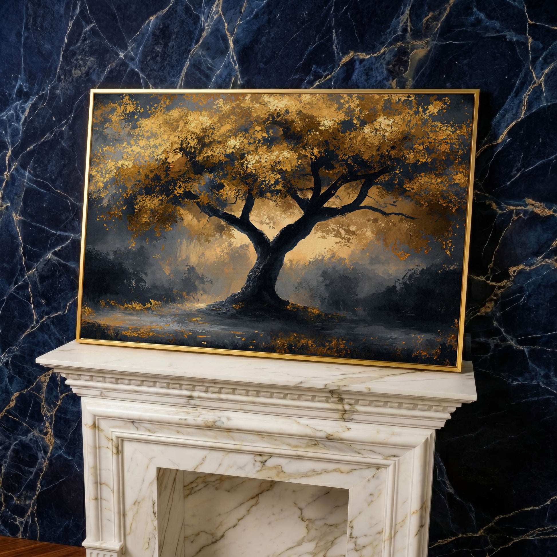 Mystical Tree with Golden Leaves Canvas Art in yellow gold floating frame
