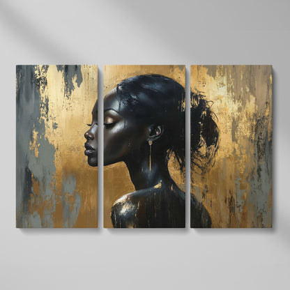 Black Woman Profile Portrait Canvas as 3-panel split version