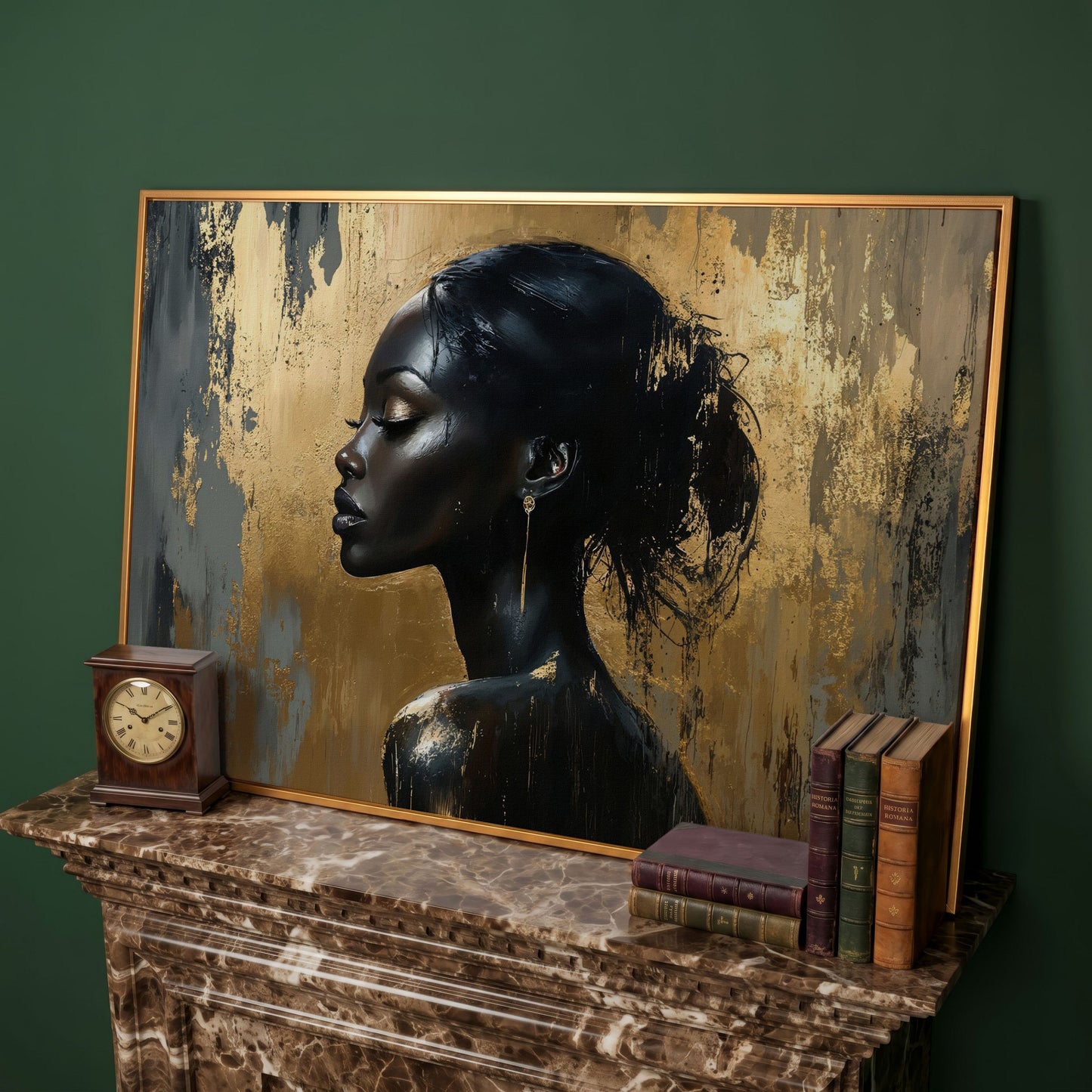 Black Woman Profile Portrait Canvas in antique gold floating frame