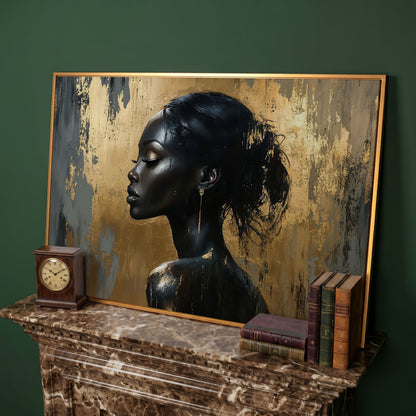 Black Woman Profile Portrait Canvas in antique gold floating frame