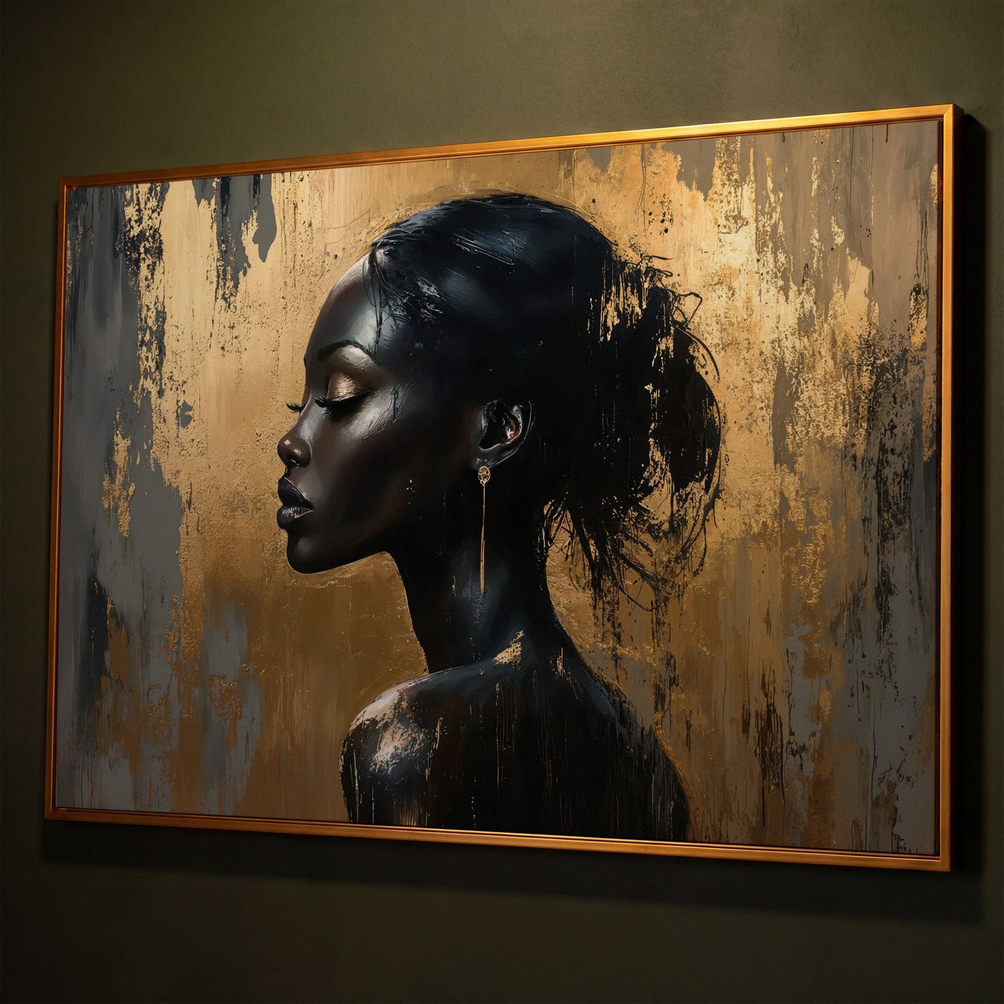 Black Woman Profile Portrait Canvas shown in antique gold floating frame