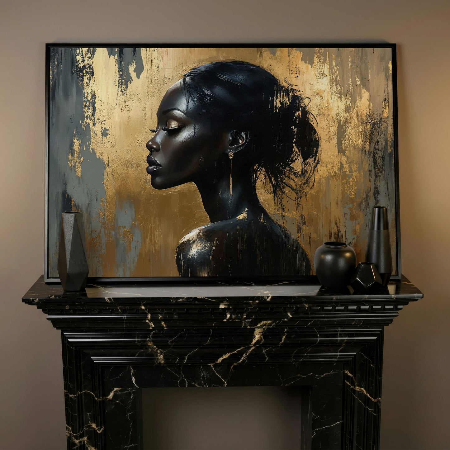 Black Woman Profile Portrait Canvas in black floating frame