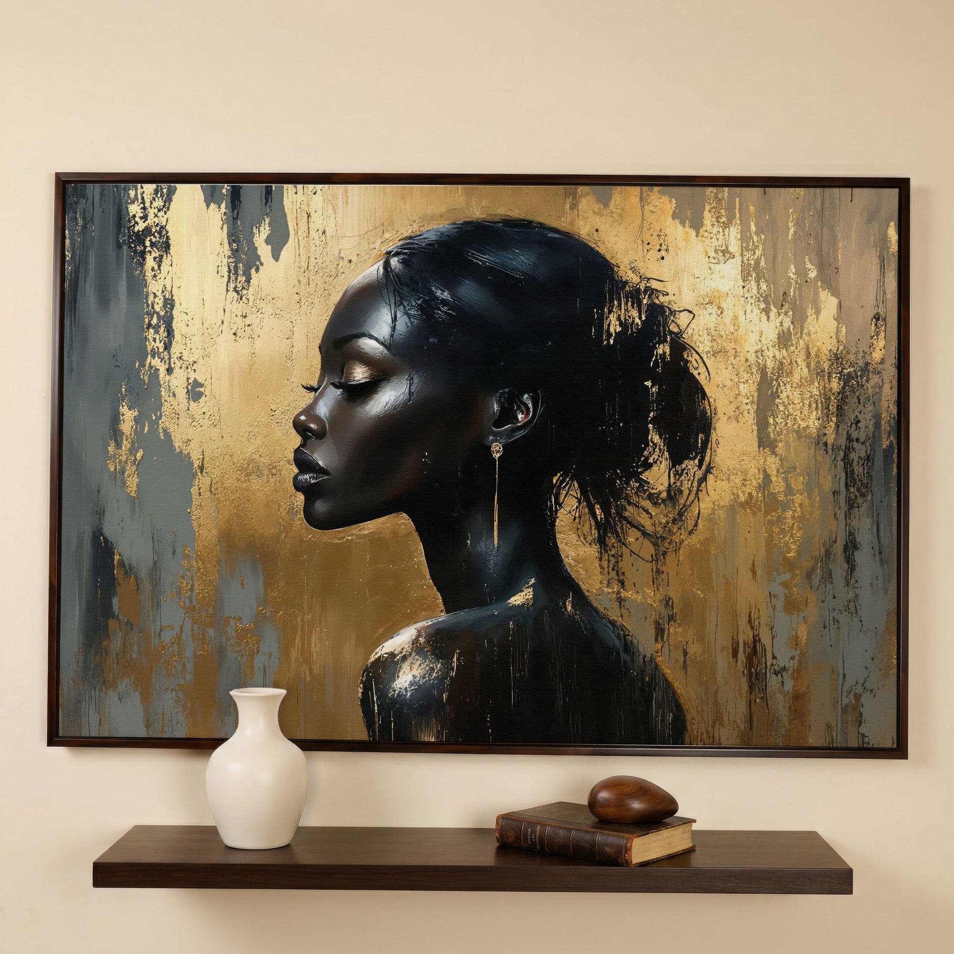 Black Woman Profile Portrait Canvas in dark walnut floating frame
