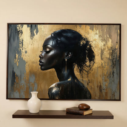 Black Woman Profile Portrait Canvas in dark walnut floating frame