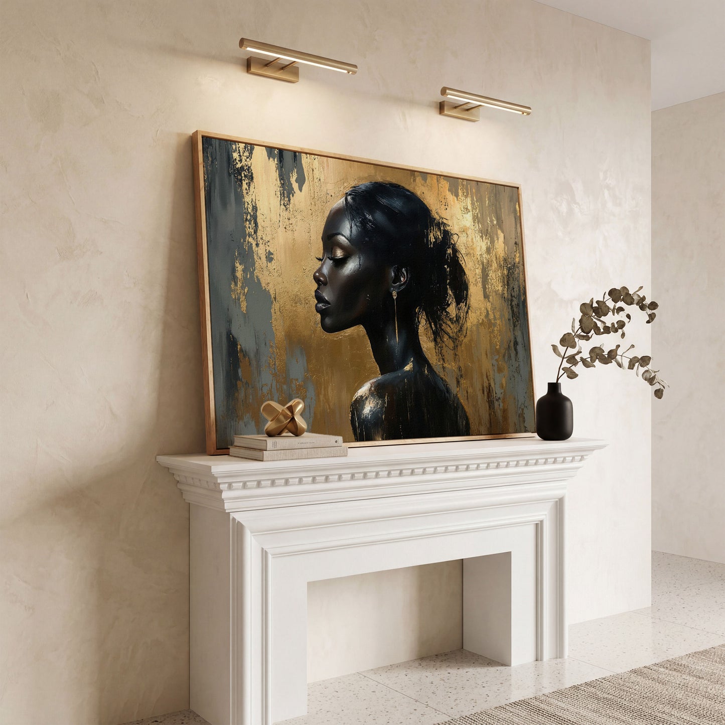 Black Woman Profile Portrait Canvas in white oak floating frame