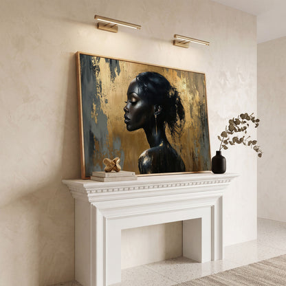 Black Woman Profile Portrait Canvas in white oak floating frame