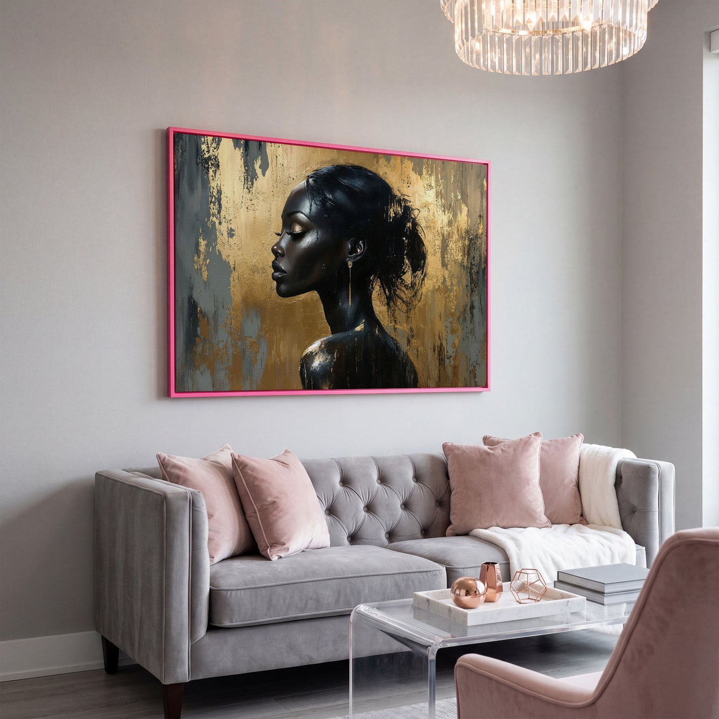 Black Woman Profile Portrait Canvas in pink floating frame
