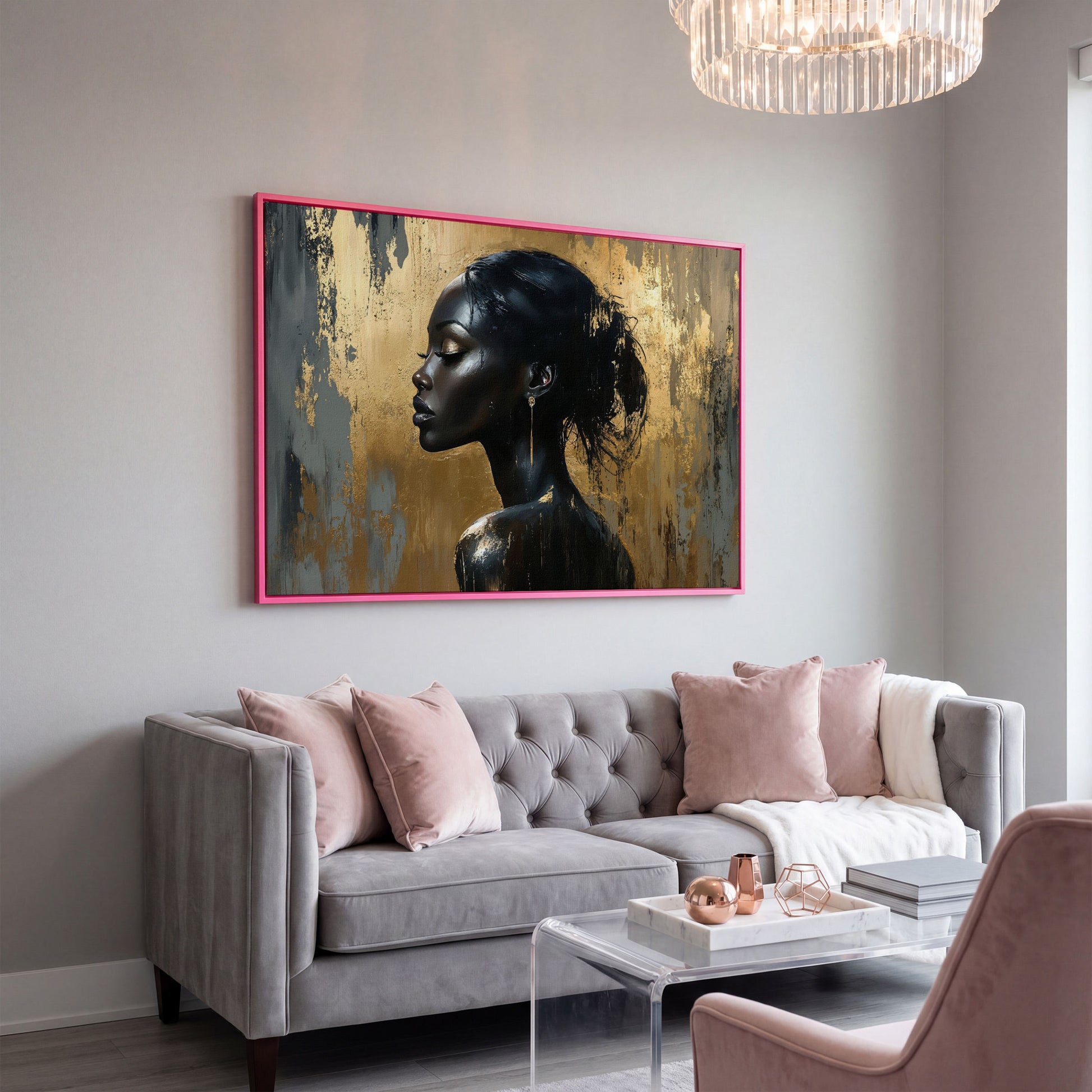 Black Woman Profile Portrait Canvas in pink floating frame