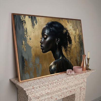 Black Woman Profile Portrait Canvas in rose gold floating frame