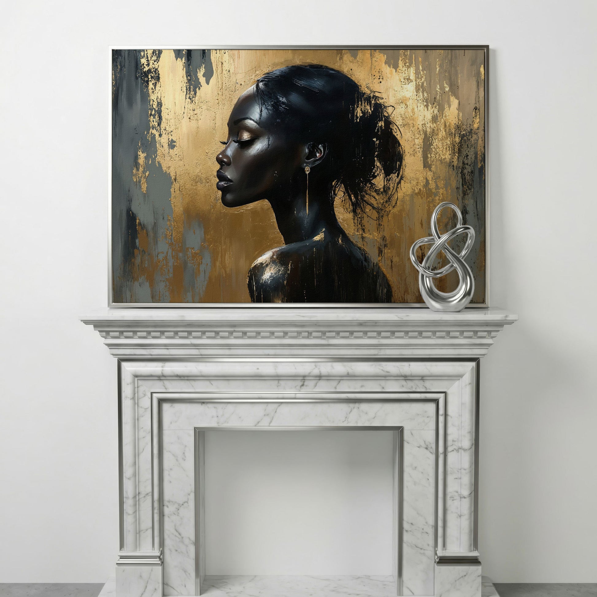 Black Woman Profile Portrait Canvas in silver floating frame