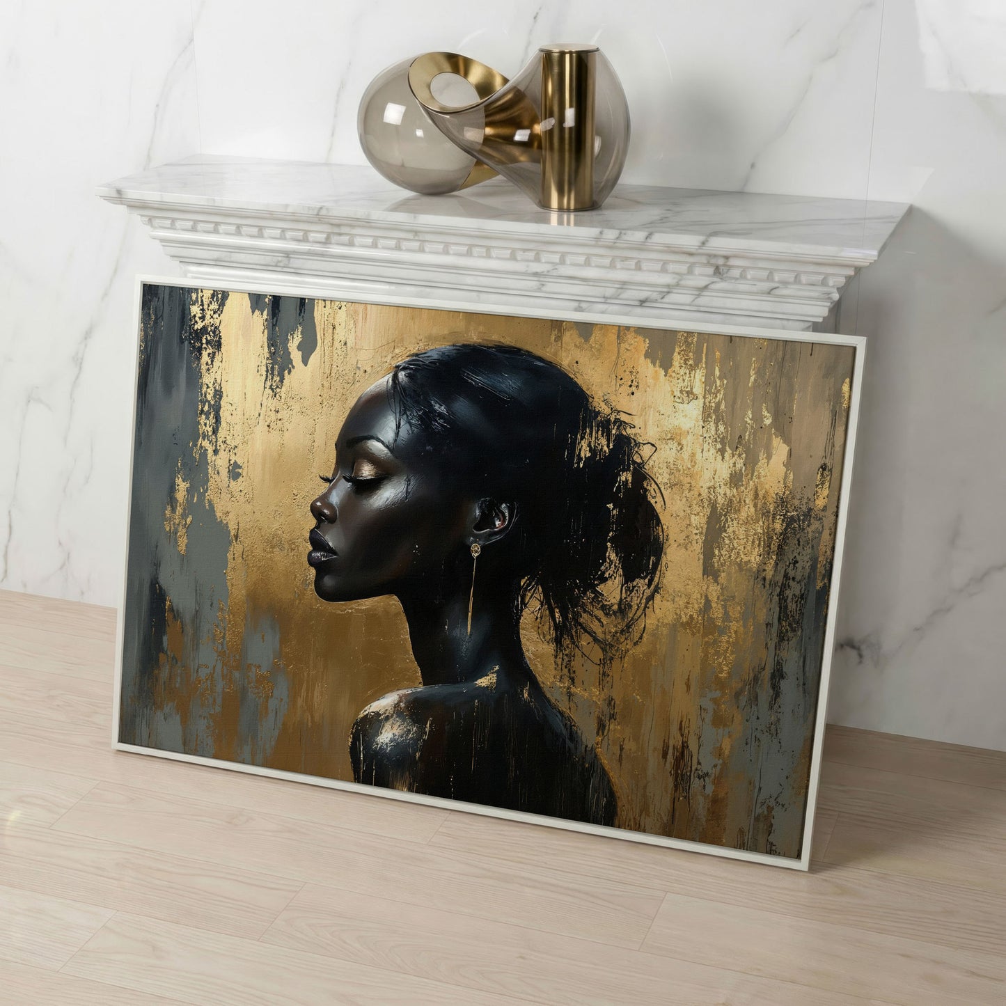 Black Woman Profile Portrait Canvas in white floating frame