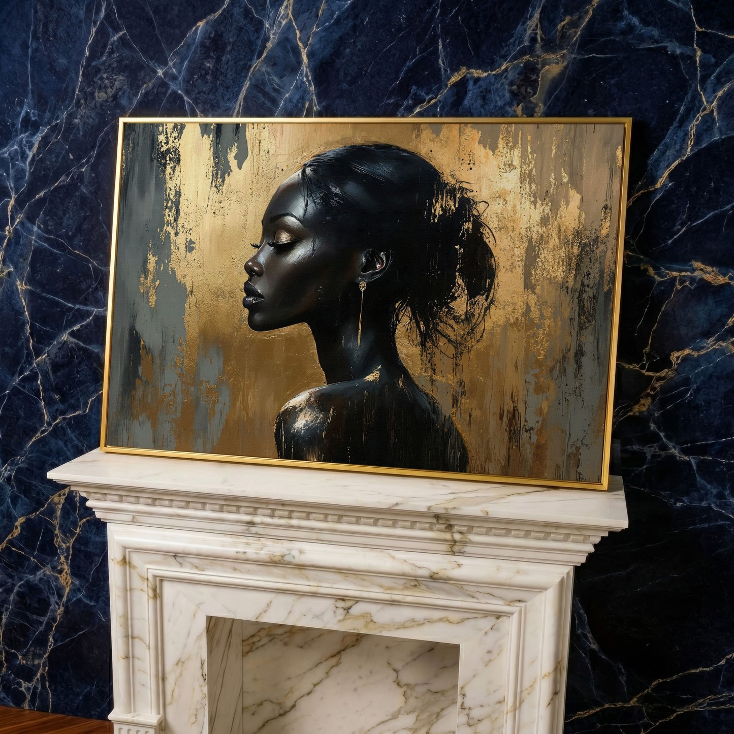 Black Woman Profile Portrait Canvas in yellow gold floating frame