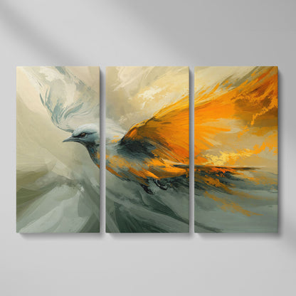 Abstract Orange and Gray Bird in Flight Canvas as 3-panel split version