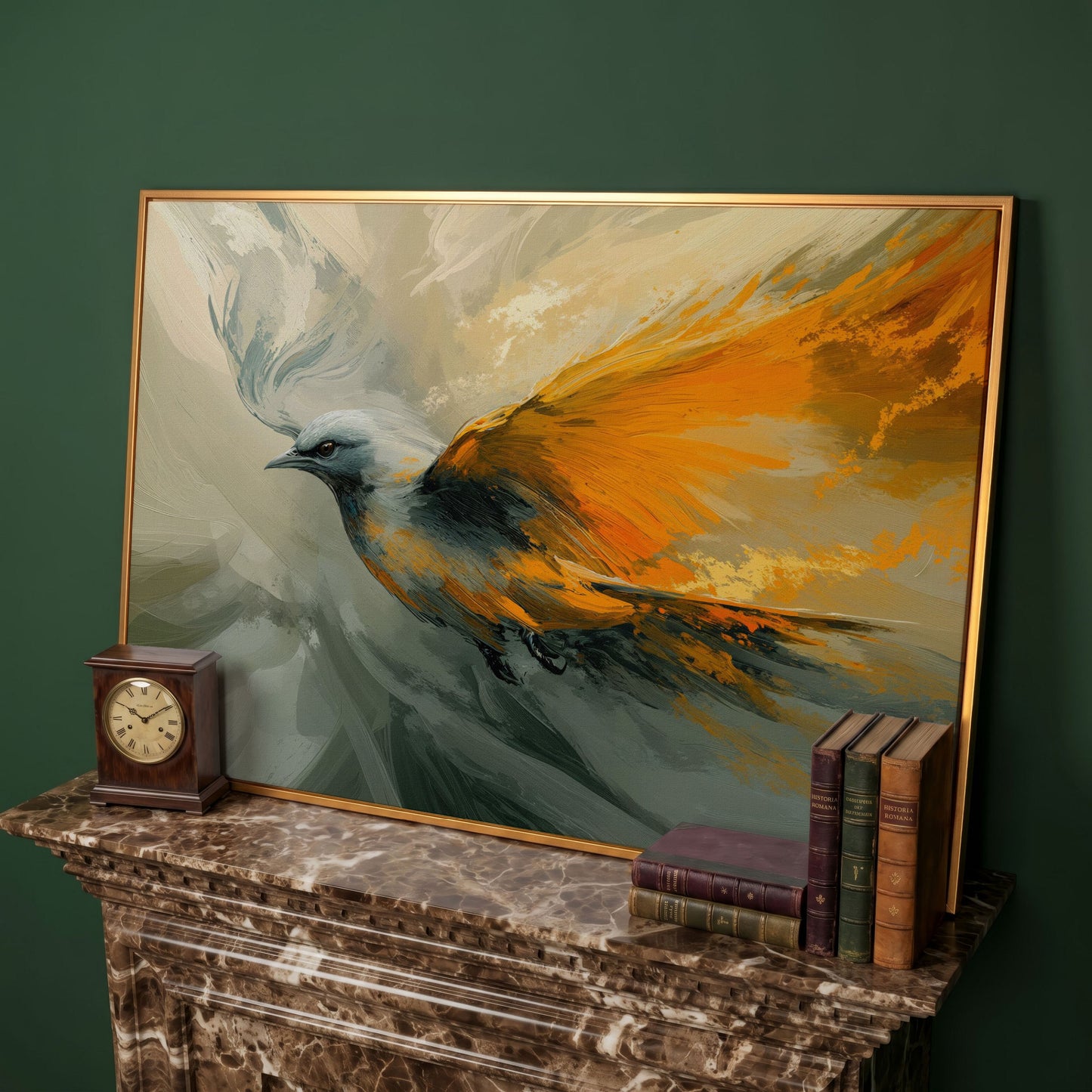 Abstract Orange and Gray Bird in Flight Canvas in antique gold floating frame