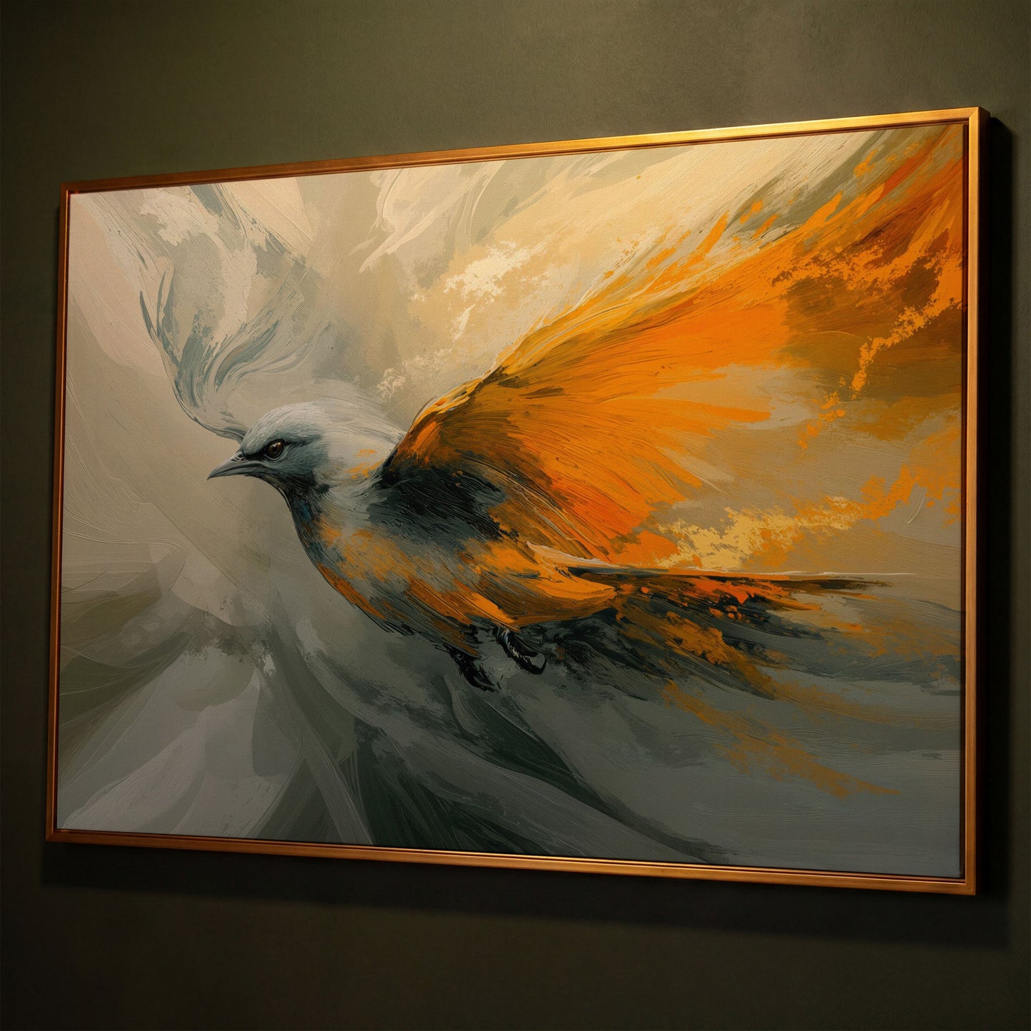 Abstract Orange and Gray Bird in Flight Canvas shown in antique gold floating frame