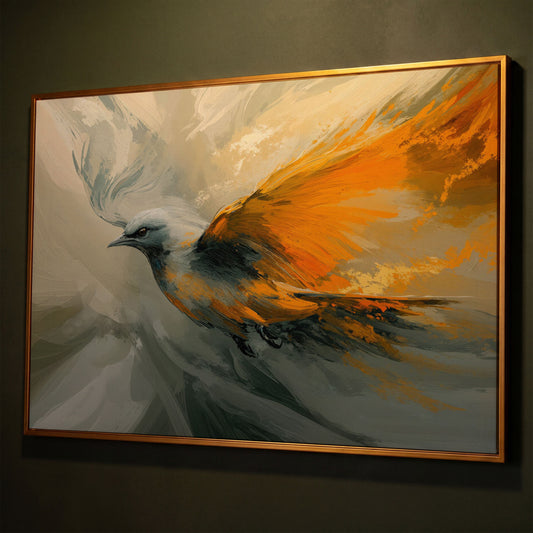 Abstract Orange and Gray Bird in Flight Canvas shown in antique gold floating frame