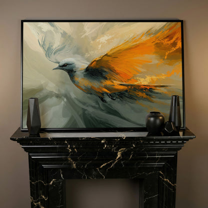 Abstract Orange and Gray Bird in Flight Canvas in black floating frame