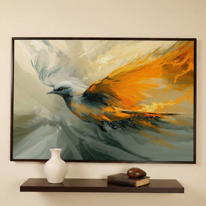 Abstract Orange and Gray Bird in Flight Canvas in dark walnut floating frame