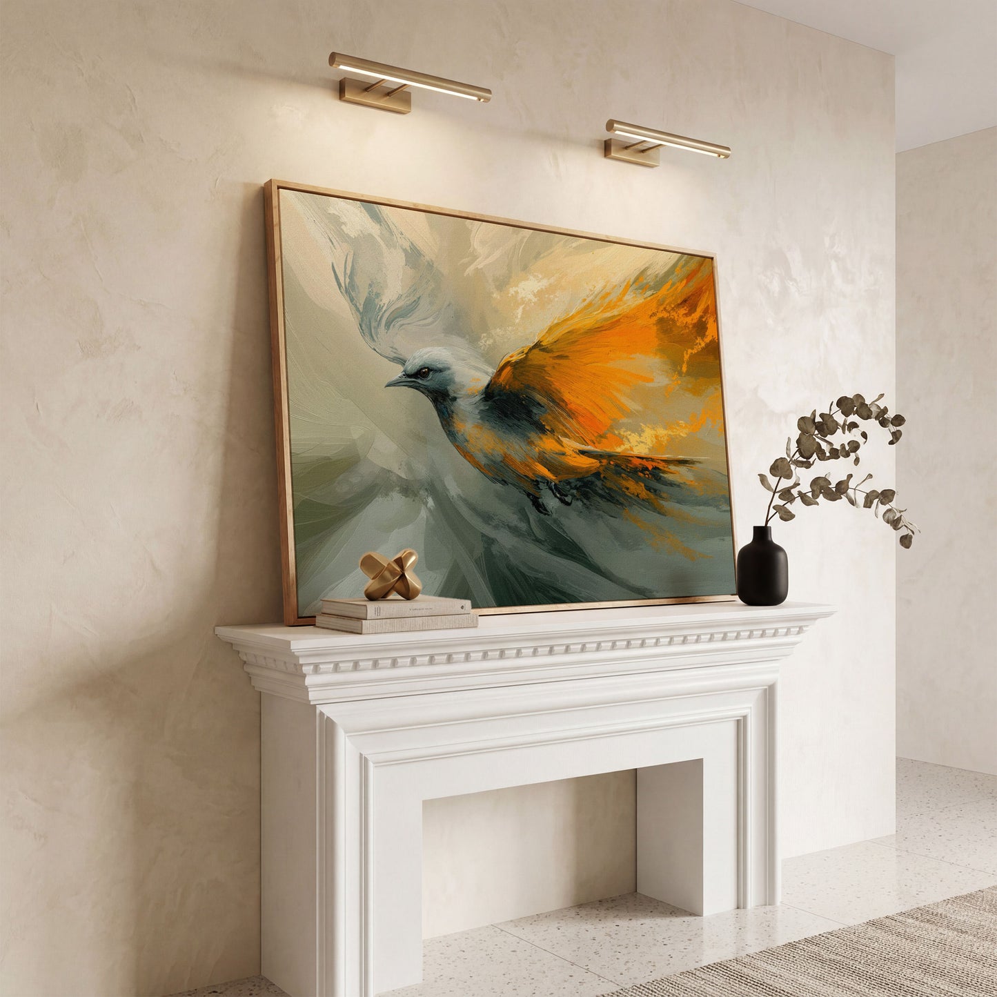 Abstract Orange and Gray Bird in Flight Canvas in white oak floating frame
