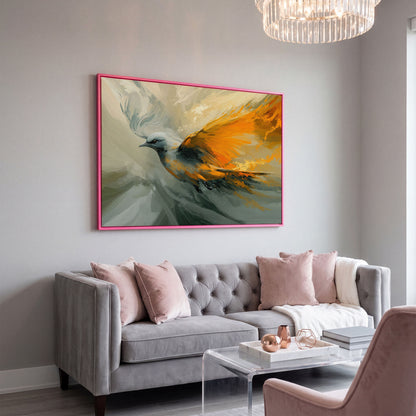 Abstract Orange and Gray Bird in Flight Canvas in pink floating frame