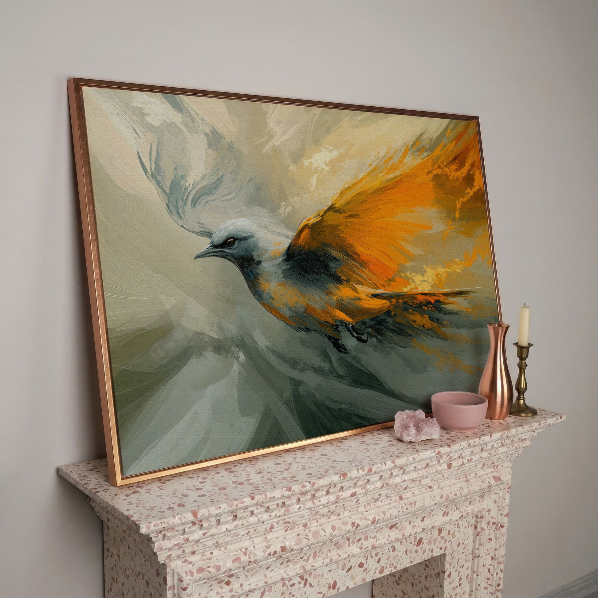 Abstract Orange and Gray Bird in Flight Canvas in rose gold floating frame