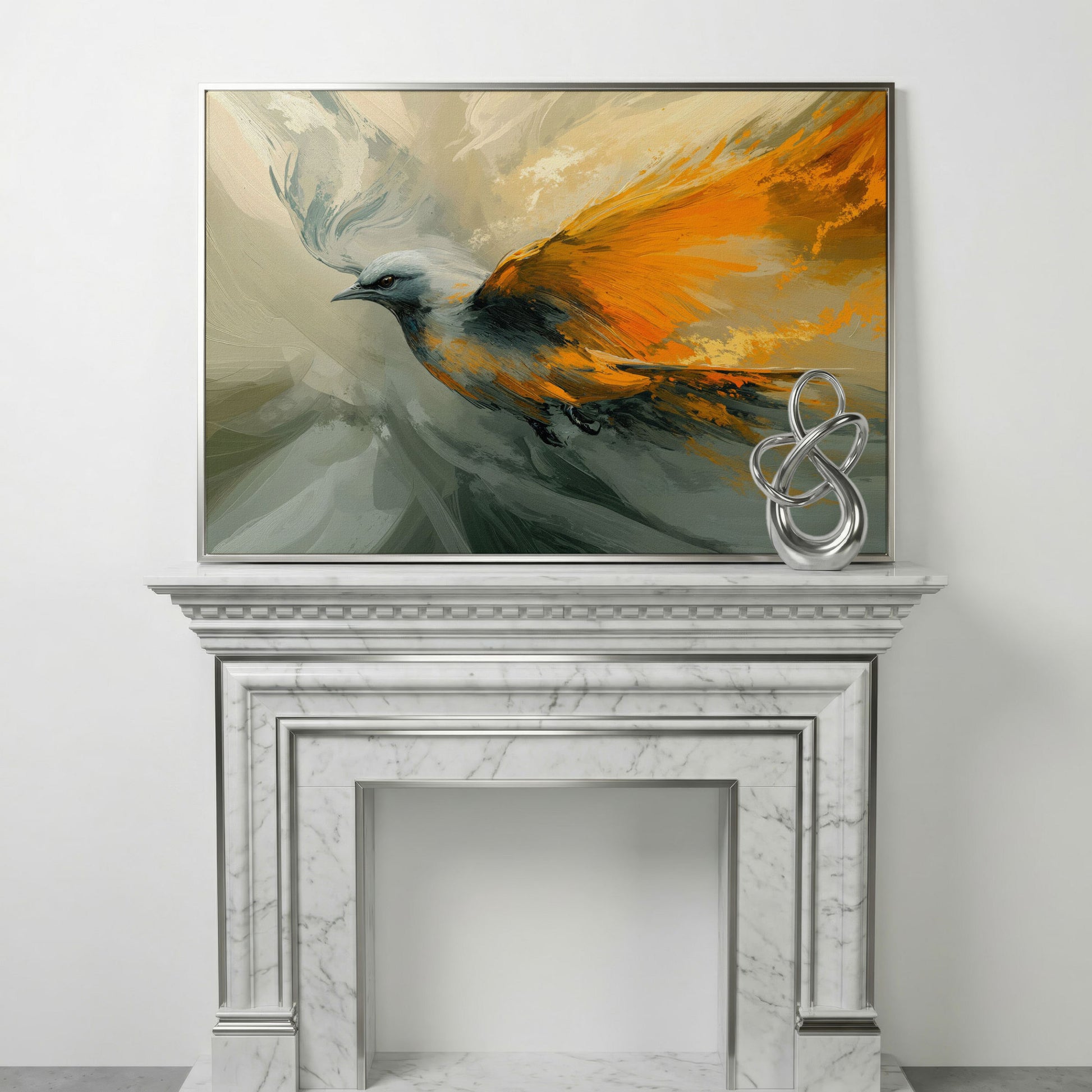 Abstract Orange and Gray Bird in Flight Canvas in silver floating frame