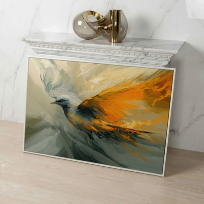 Abstract Orange and Gray Bird in Flight Canvas in white floating frame