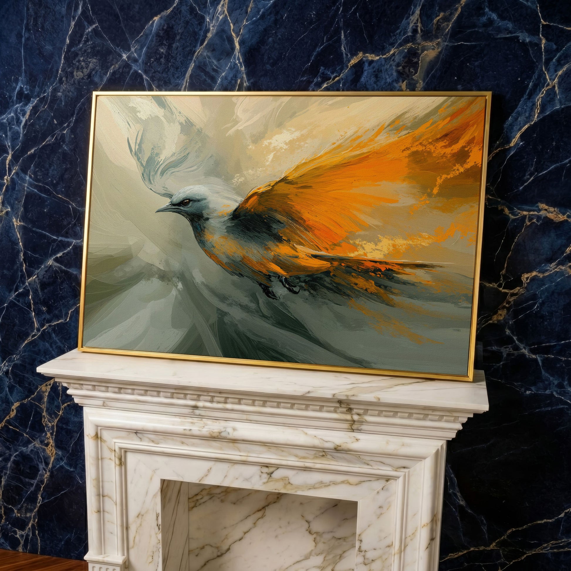 Abstract Orange and Gray Bird in Flight Canvas in yellow gold floating frame