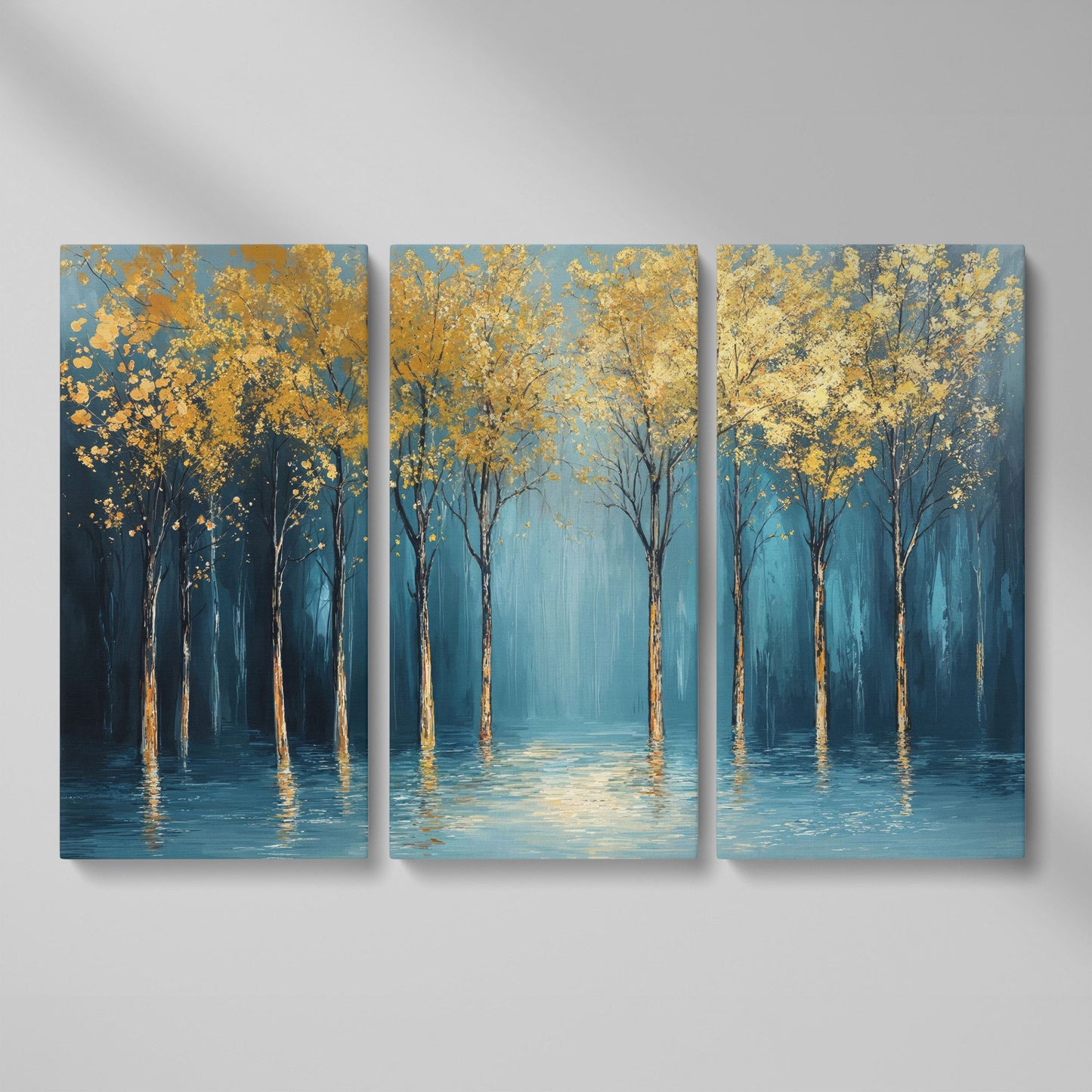 Golden Trees Abstract Forest Canvas as 3-panel split version