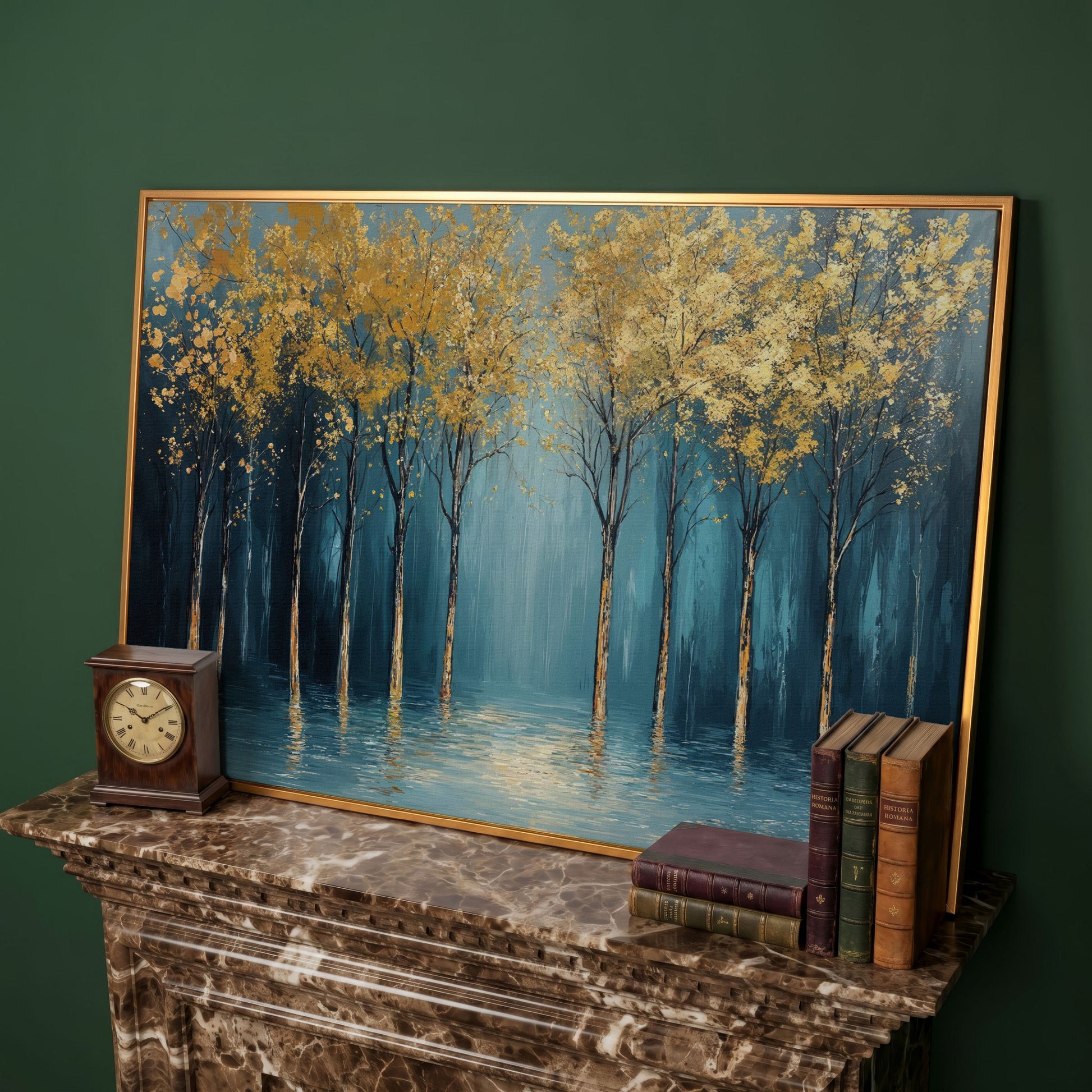 Golden Trees Abstract Forest Canvas in antique gold floating frame