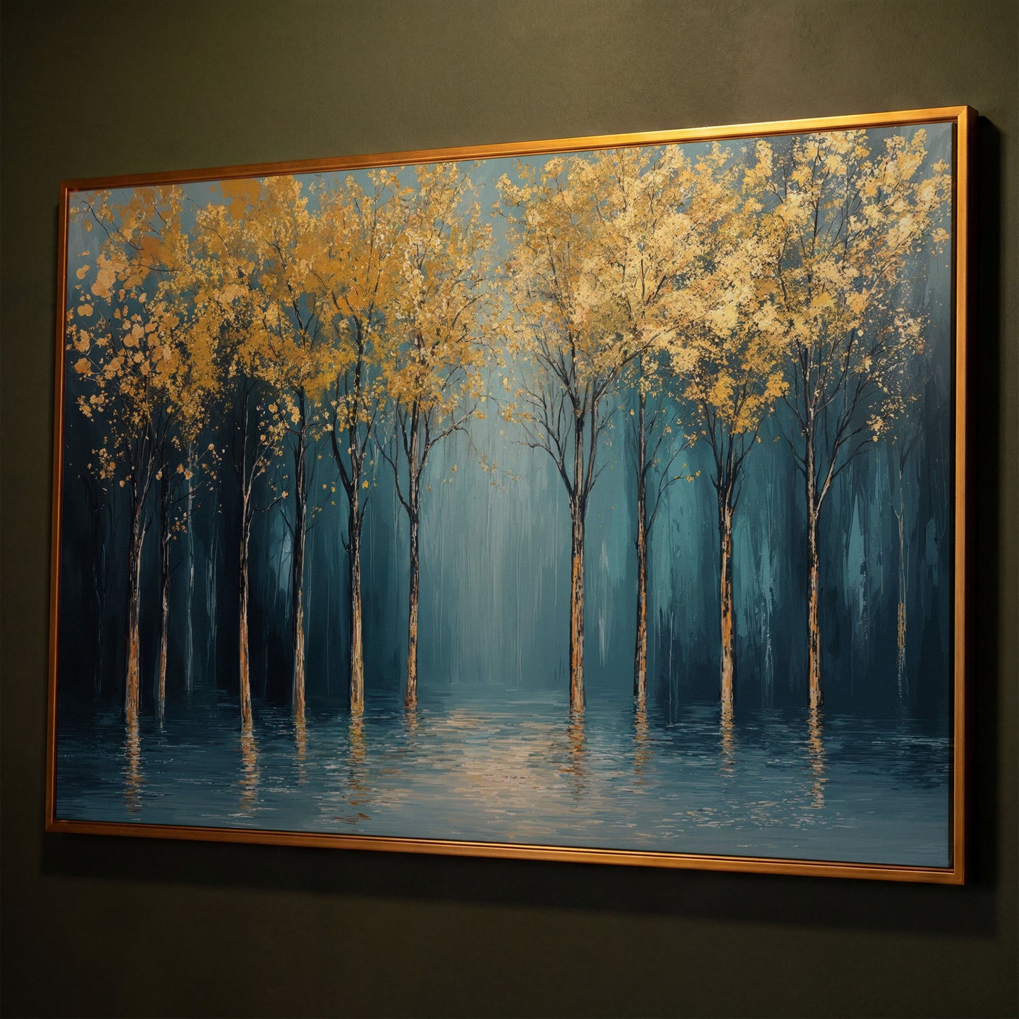 Golden Trees Abstract Forest Canvas shown in antique gold floating frame