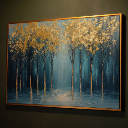 Golden Trees Abstract Forest Canvas shown in antique gold floating frame