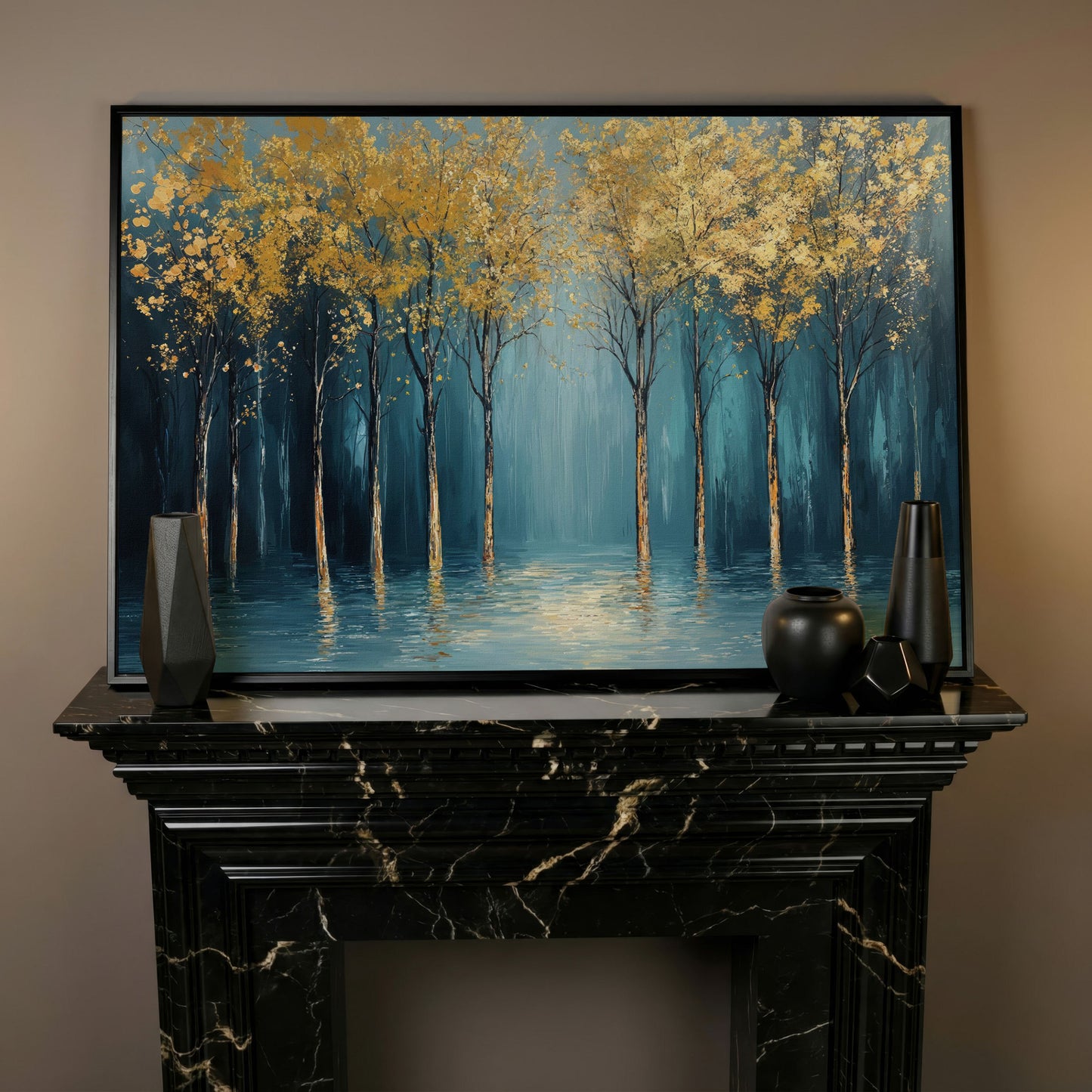 Golden Trees Abstract Forest Canvas in black floating frame