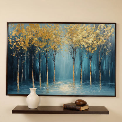 Golden Trees Abstract Forest Canvas in dark walnut floating frame