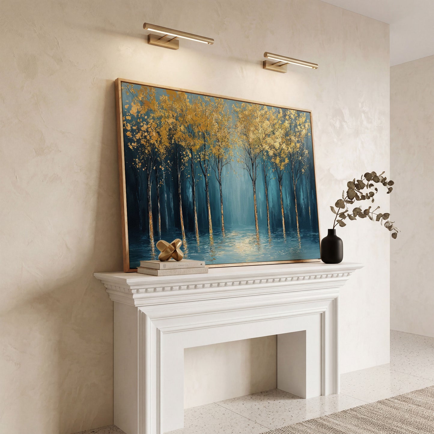 Golden Trees Abstract Forest Canvas in white oak floating frame