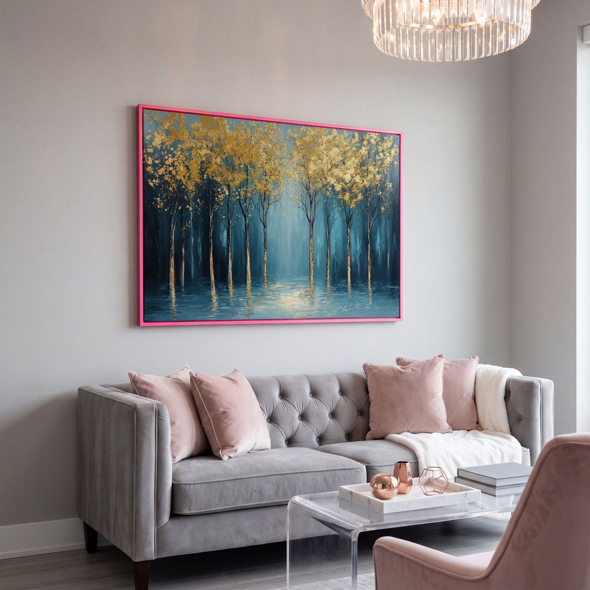 Golden Trees Abstract Forest Canvas in pink floating frame