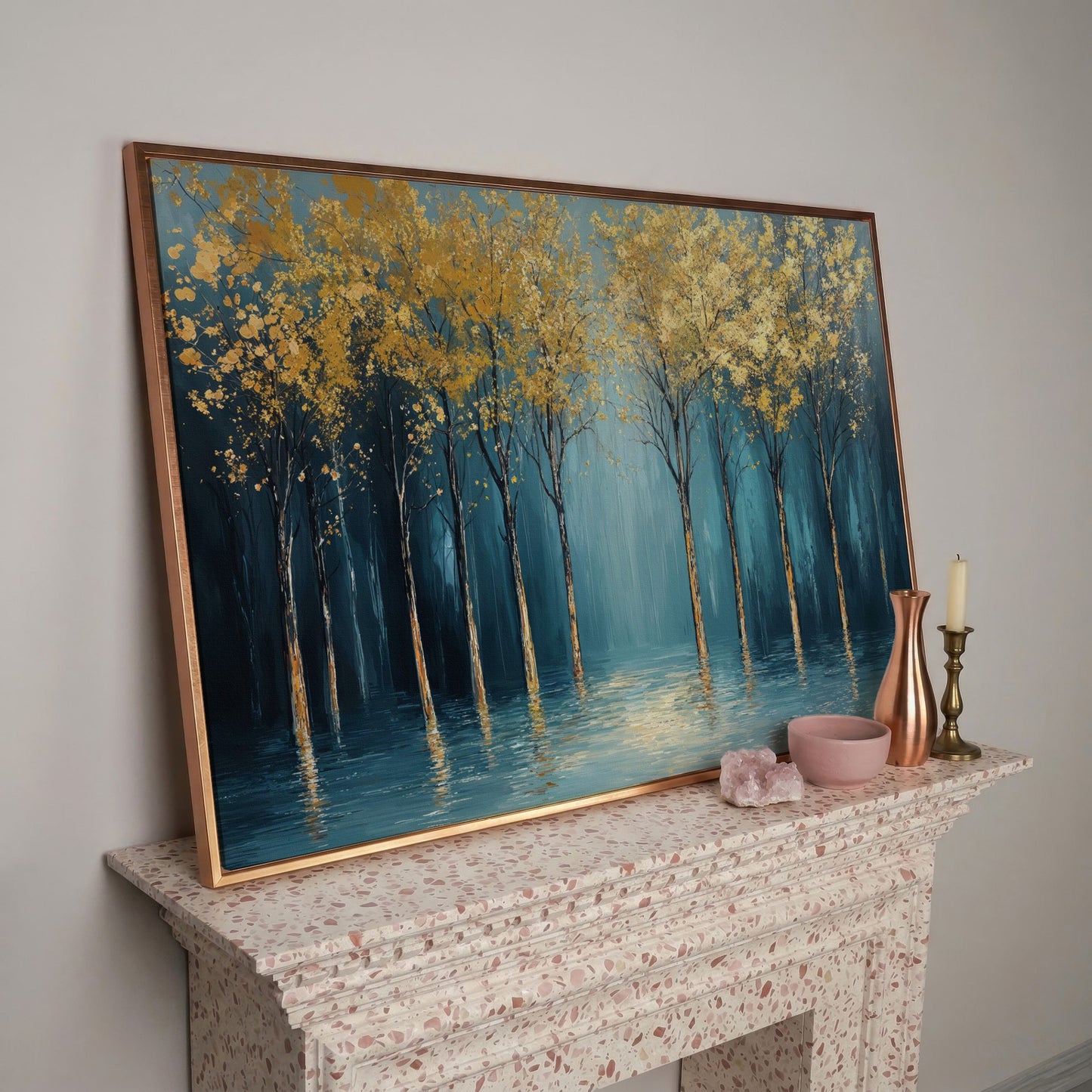 Golden Trees Abstract Forest Canvas in rose gold floating frame