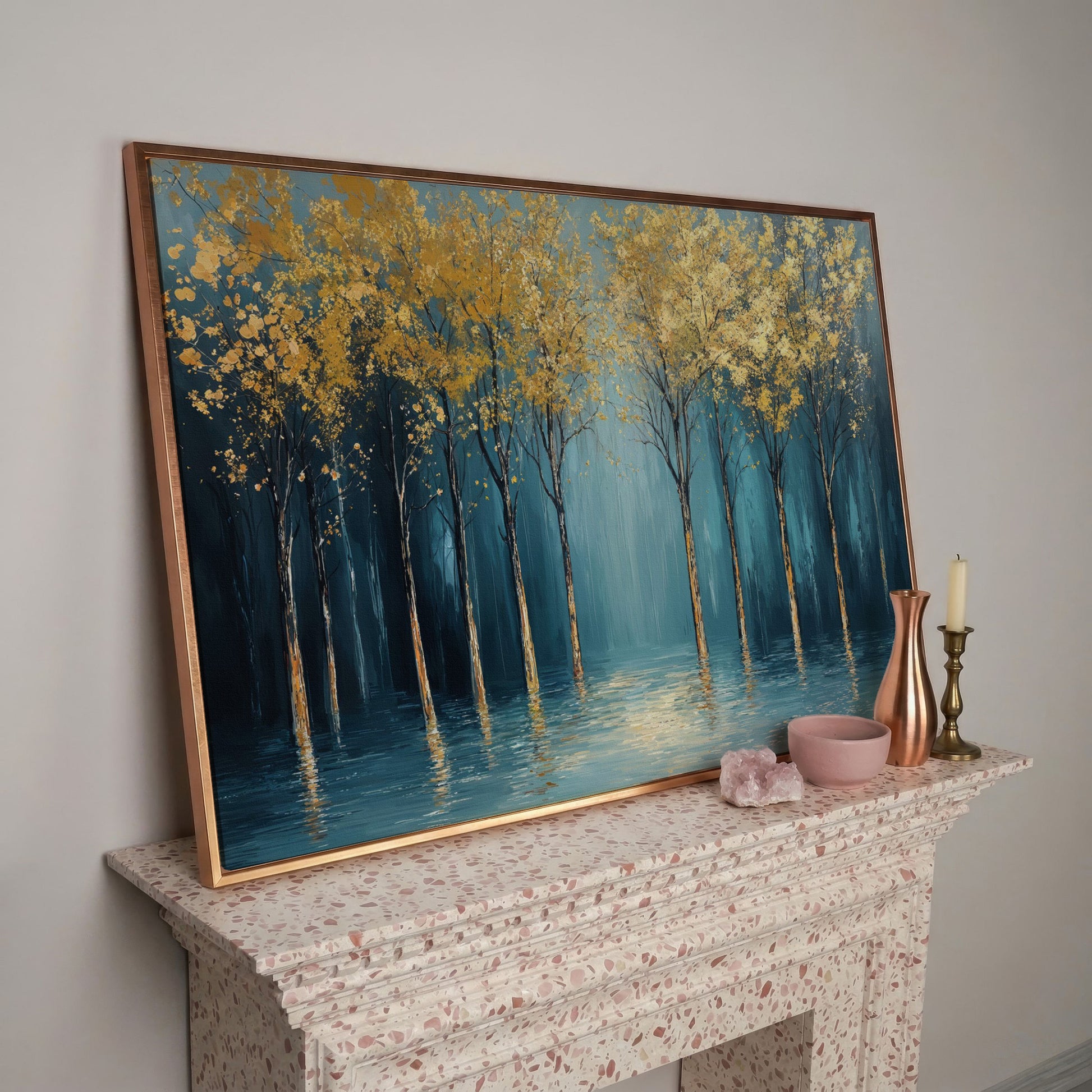 Golden Trees Abstract Forest Canvas in rose gold floating frame